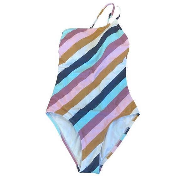 KONA SOL One Shoulder Swimsuit Pink Blue White Striped Small Bathing Suit - Picture 1 of 9